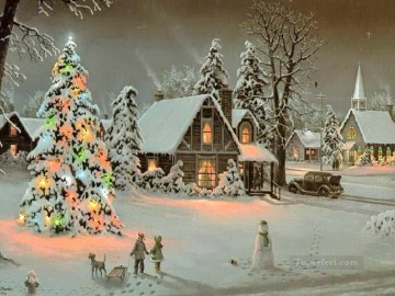 雪 Painting - クリスマスの雪だるまとコテージ
